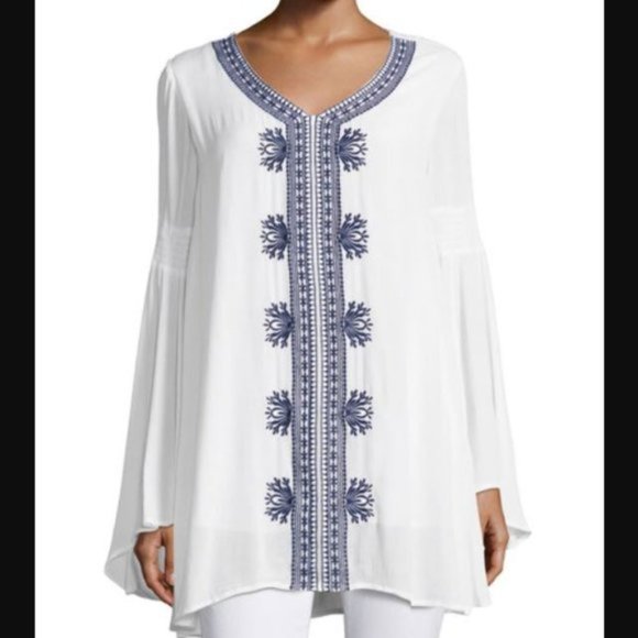 Joan Vass Embroidered Boho Bell Sleeve Tunic Oversized Longline Flowy Gauzy - Picture 3 of 11